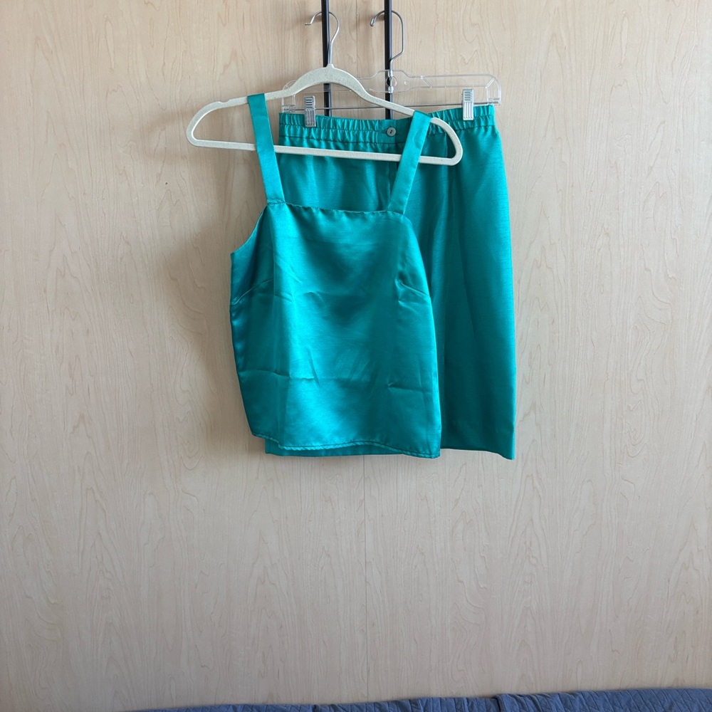 Teal Classic Tank Top and Skirt Set with Embellished Overcoat